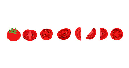 Graphic representation of red tomato, demonstrating full, cut, and thin slices different angles