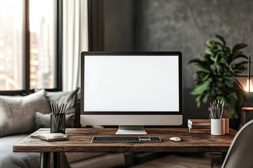 Mockup computer screen on wooden table in modern room. Workplace concept