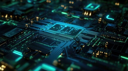 3D rendering of a digital circuit board with glowing blue and green elements, representing innovation and tech development.