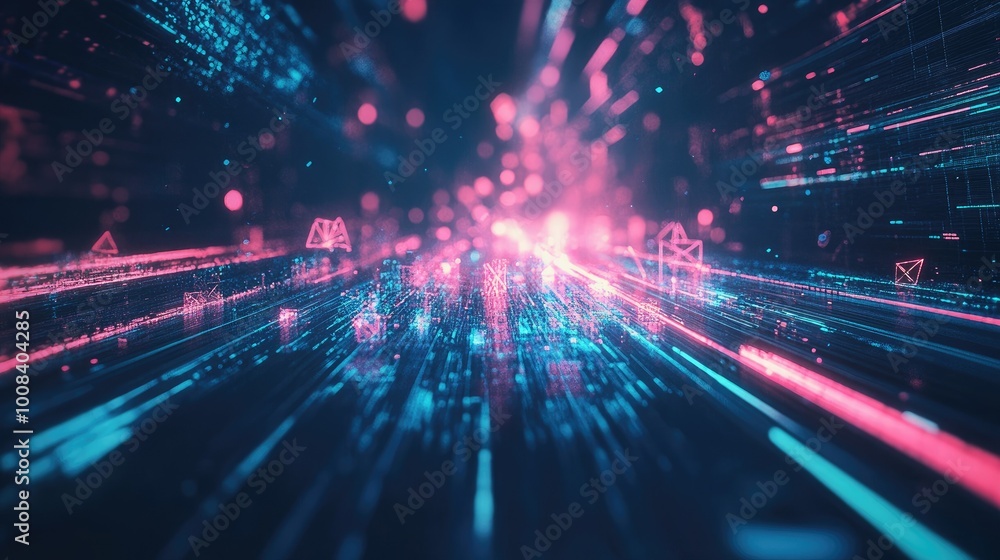 Poster 3d rendering of a futuristic digital space with glowing lines and floating polygons, perfect for a h