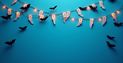 Halloween banner with black paper bats and light garland with ghosts on a blue background with copy space.