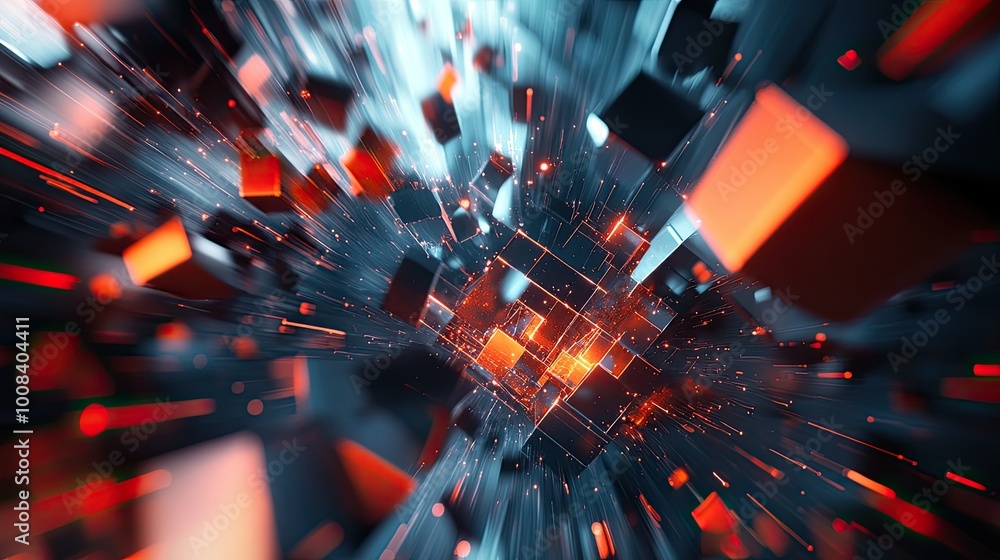 Poster 3d rendering of a futuristic digital space with glowing lines and floating polygons, perfect for a h