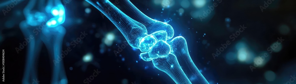 Poster futuristic depiction of human anatomy focusing on a glowing joint connection, showcasing intricate s