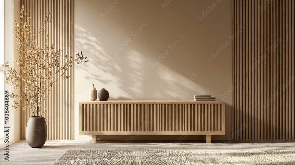 Poster 3d rendering of a living room featuring a modern cabinet with a zen-style backdrop, an empty wall, a