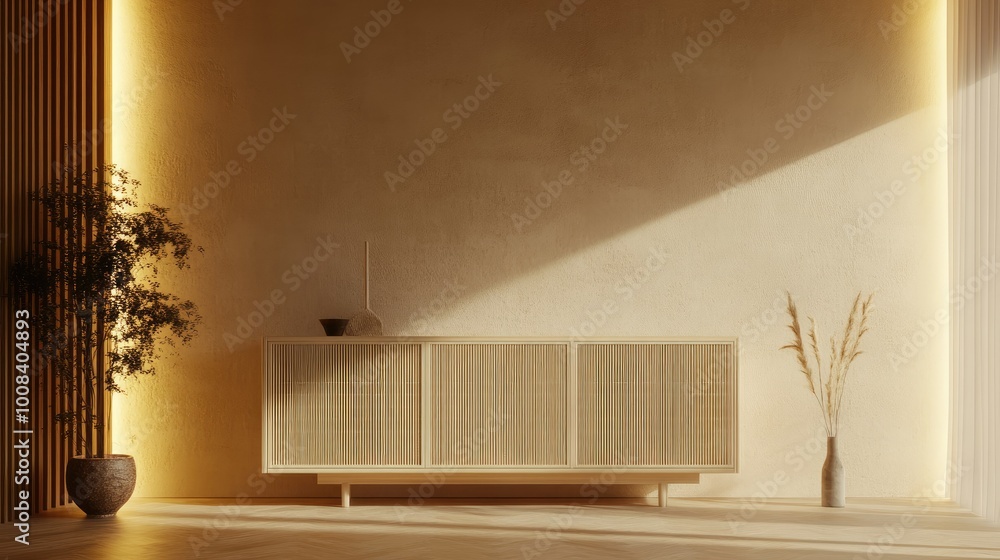 Poster 3d rendering of a living room featuring a modern cabinet with a zen-style backdrop, an empty wall, a