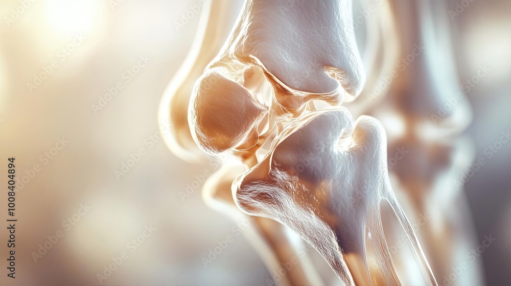 Poster close-up view of a human knee joint, highlighting its anatomical structure with a soft, blurred back