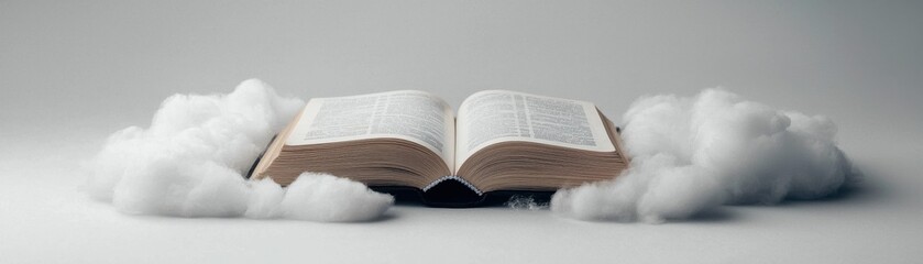 Obraz premium Open book surrounded by soft clouds on a light background.