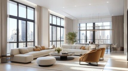 Fototapeta premium 3D rendering of a luxury living room with a bright modern interior, featuring elegant furniture, large windows, and a spacious layout, perfect for a high-end lifestyle