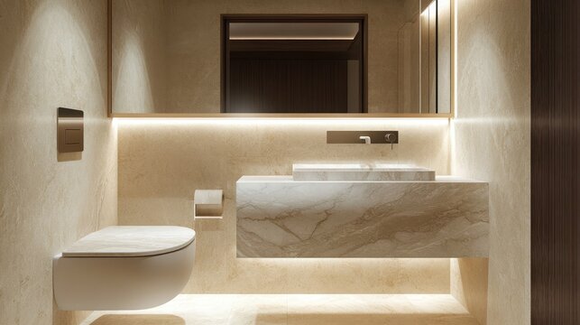 A modern, minimalist powder room with a floating marble sink, a frameless mirror, and a hidden cistern toilet