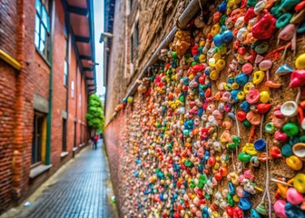 Naklejka premium Colorful Chewing Gum Wall in Seattle, Vibrant Urban Art and Creative Expression on Brick Surface