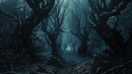 Haunted Pathway Through a Foggy Forest