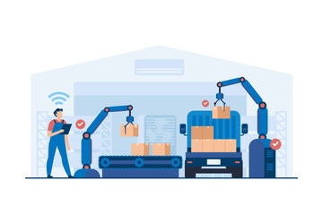 Automated Logistics Hub with Smart Inventory Management. Warehouse Crew Operating Packaging Machine for Efficient Product Handling and Distribution. Vector Illustration