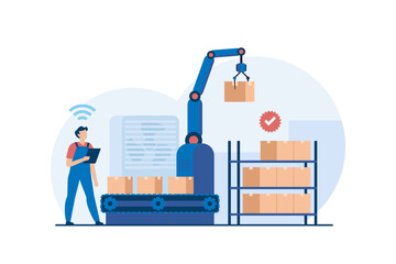 Warehouse Worker Operating Robotic Arm for Sorting Packages in Automated Shipping Process.Vector Illustration