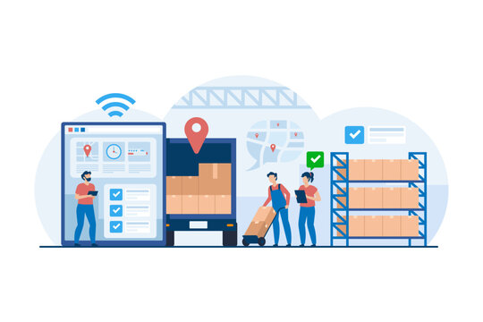 Efficient Logistics Team Managing Supply Chain Operations. Streamlined Coordination and Inventory Control in Modern Warehousing for Optimized Shipping and Distribution Solutions. Vector Illustration