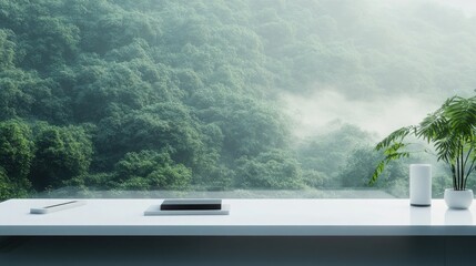 Fototapeta premium A modern minimalista??s workspace with a clean white desk, a window overlooking a dense, misty forest in the early morning light, and the soft hum of ambient lo-fi.
