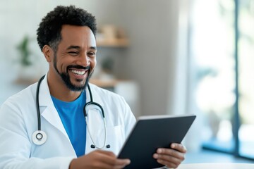 Doctor smiling at tablet in modern office
