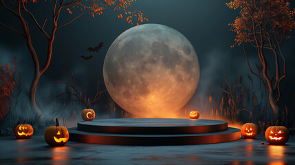 Spooky Halloween Podium with Glowing Pumpkins and Full Moon