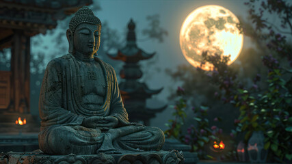 A weathered stone Buddha statue in meditation pose, seated in a full lotus position. An ancient temple bathed in the soft glow of the full moon.