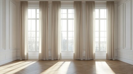 3D-rendered spacious room with a white wall, parquet flooring, wide window dressed in white vitrage, and three beige curtains on the sides, evoking a classic feel
