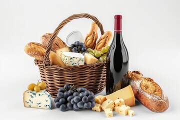 Naklejka premium Picnic basket filled with wine bread cheese and fruit on white background
