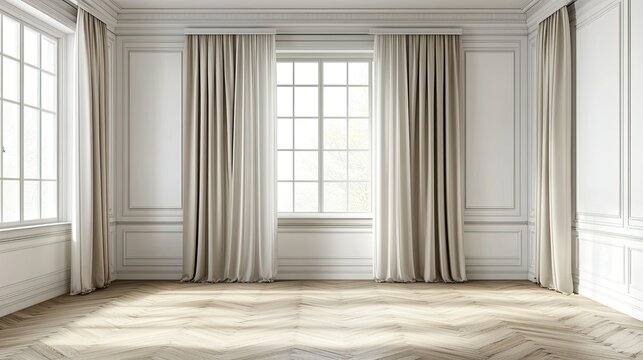3D-rendered spacious room with a white wall, parquet flooring, wide window dressed in white vitrage, and three beige curtains on the sides, evoking a classic feel