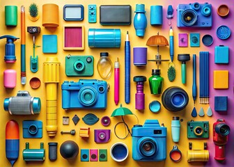 Colorful collection of various items icons representing tools, gadgets, and everyday objects