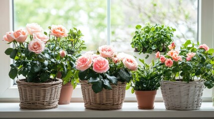 Obraz premium A beautiful combination of blooming roses and houseplants, growing in chic wicker baskets on a windowsill. The perfect indoor garden aesthetic.