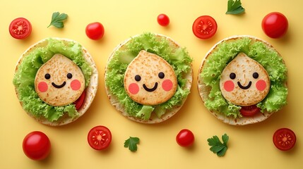 Obraz premium Cute smiling taco cartoon with lettuce and tomatoes on pale yellow background