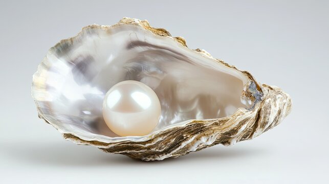 A beautiful natural pearl revealed in an open oyster shell, shimmering against the soft mother-of-pearl interior and white backdrop.
