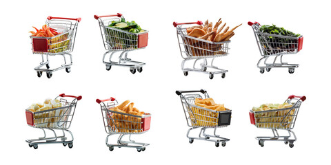 Mini shopping carts with groceries, PNG set isolated on transparent background