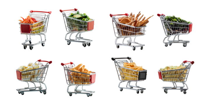 Mini shopping carts with groceries, PNG set isolated on transparent background