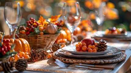 Naklejka premium Thanksgiving and Harvest Festival. Thanksgiving-themed table setting, with rustic plates, fall-colored napkins, and hand-written Thanksgiving message, reflecting essence of the holiday's traditions.
