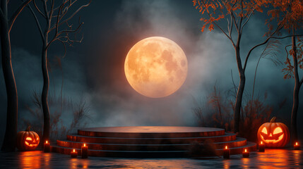 Eerie Halloween Podium with Full Moon, Pumpkins, and Candles