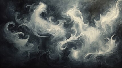 Obraz premium Swirling, ghostly shapes in soft white and gray, twisting into jagged forms across a dark, smoky background, evoking a haunted Halloween night.
