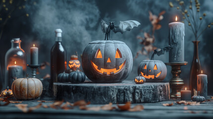 Moody Halloween Still Life with Pumpkins, Candles, and Bat