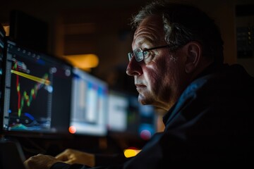 caucasian adult man scientist analyzes the charts on the screen, investment