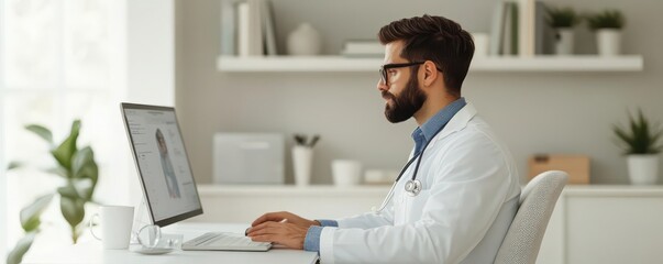 Doctor working on computer in modern clinic