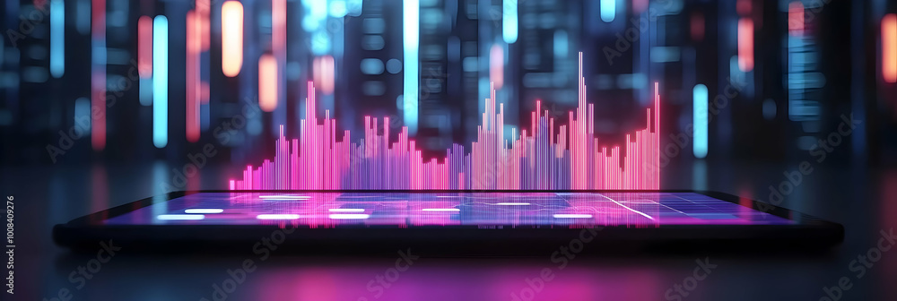 Poster 3d illustration - neon data visualization on tablet with abstract background