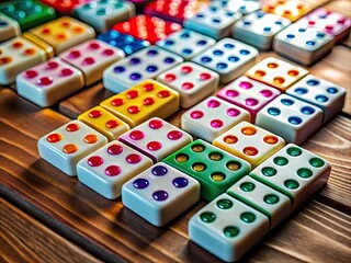 Colorful domino pieces arranged in a creative layout on a wooden table for a fun game atmosphere