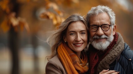 Obraz premium Autumn or fall season. A senior Caucasian couple in their 60s, enjoying a beautiful autumn day outdoors, hugging and happy together.