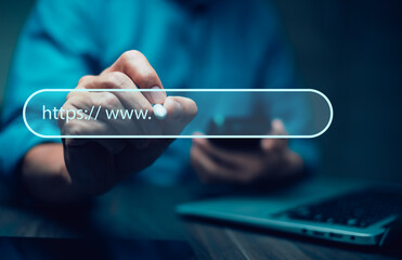Laptop and Data Search Technology Search Engine Optimization, Business people hands typing on...