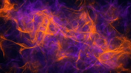 Fototapeta premium Swirling, jagged lines in neon purple and orange, scattered across a smoky black backdrop, creating a chaotic Halloween abstraction.