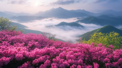 A breathtaking morning view of pink azalea flowers blooming on Hwangmaesan Mountain, with soft sunlight breaking through fog over the distant mountain range near Hapcheon-gun, South Korea.