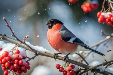 Birds. A cute colorful Eurasian bullfinch sitting on a branch and eating red rowan berries. Pyrrhula pyrrhula, a single male.