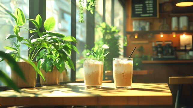 Two iced coffee drinks on a sunlit table in a cozy cafe with lush green plants.