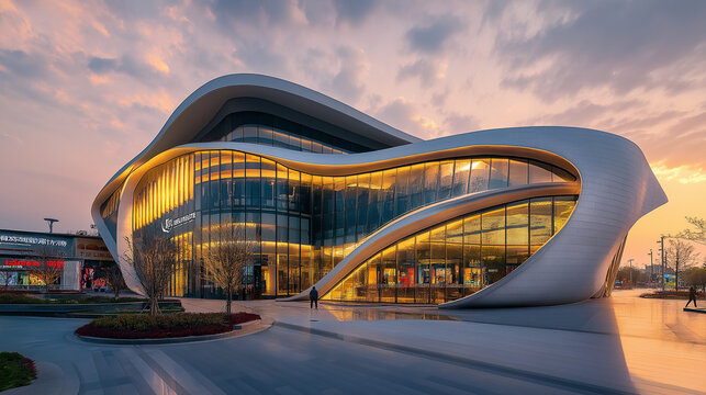 The unusual architecture of the shopping center with an elegant and concise design