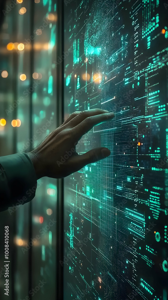Poster abstract data analysis illustration - hand interacting with digital interface