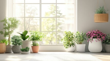 A bright and airy room with multiple indoor plants flourishing in flower pots, showcasing a love for household farming and attentive flower care.