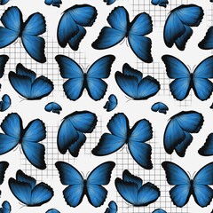 Beautiful blue butterfly pattern on a white grid background, perfect for designs and textiles