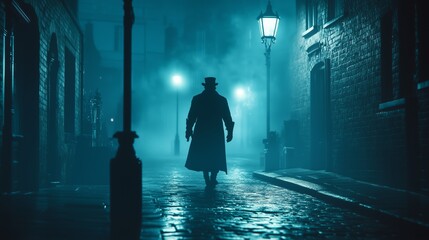 Mystery figure in a Victorian-era alleyway, shrouded in dense fog and illuminated by street lamps...